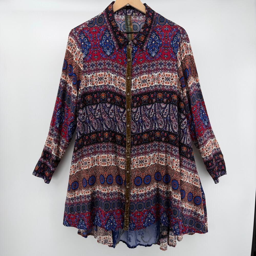 Aratta Silent Journey Boho Velvet Trim Patchwork Paisley Hi-Low Tunic Dress
